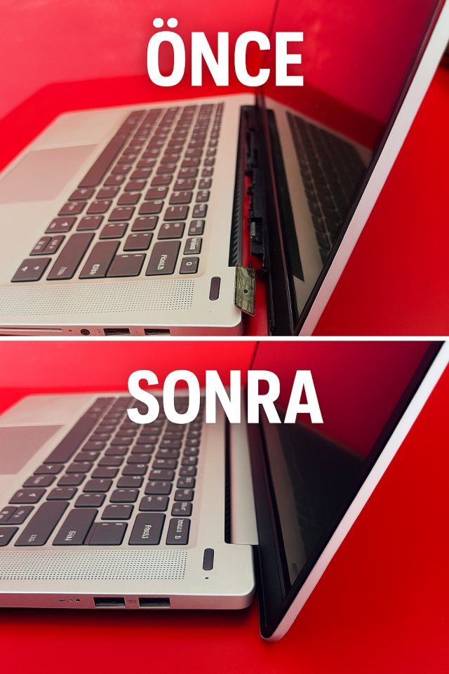 Menteşesi kırılmış bir laptopta onarım öncesi ve sonrası: üstteki karede kapak gövdeden ayrılmış ve iç parça açıkta, alttaki karede kapak yerine oturmuş durumda.